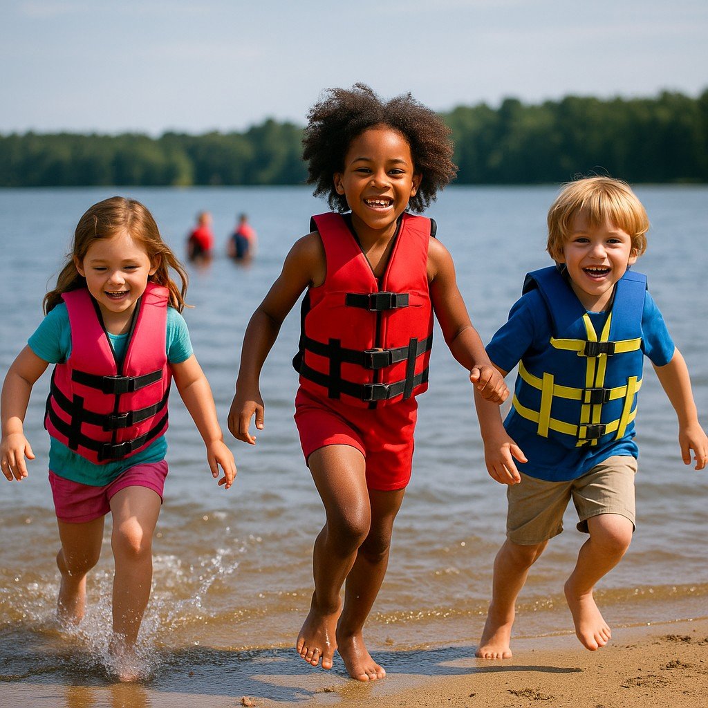 Child wearing life jacket near lake